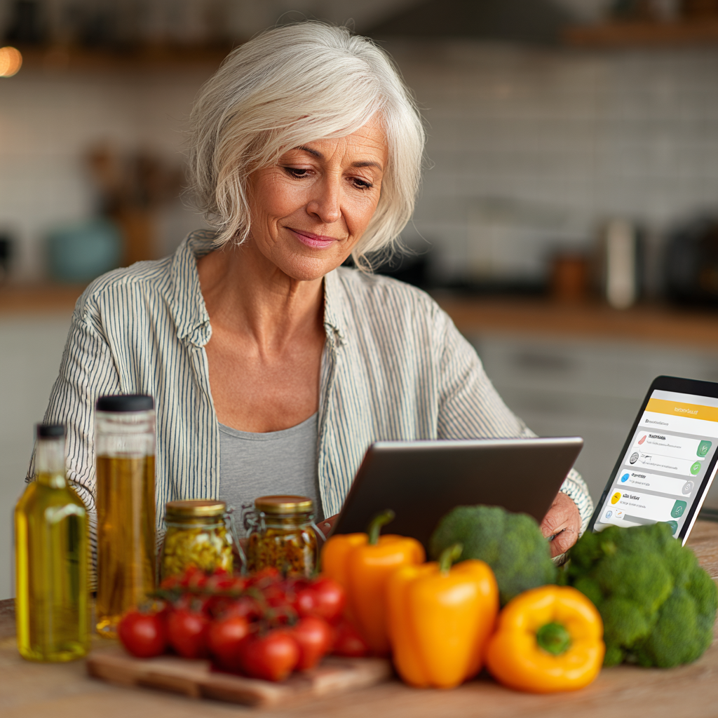 Жінка 52 років з планшетом переглядає персоналізоване меню в додатку numferath, сидячи за столом з корисними продуктами