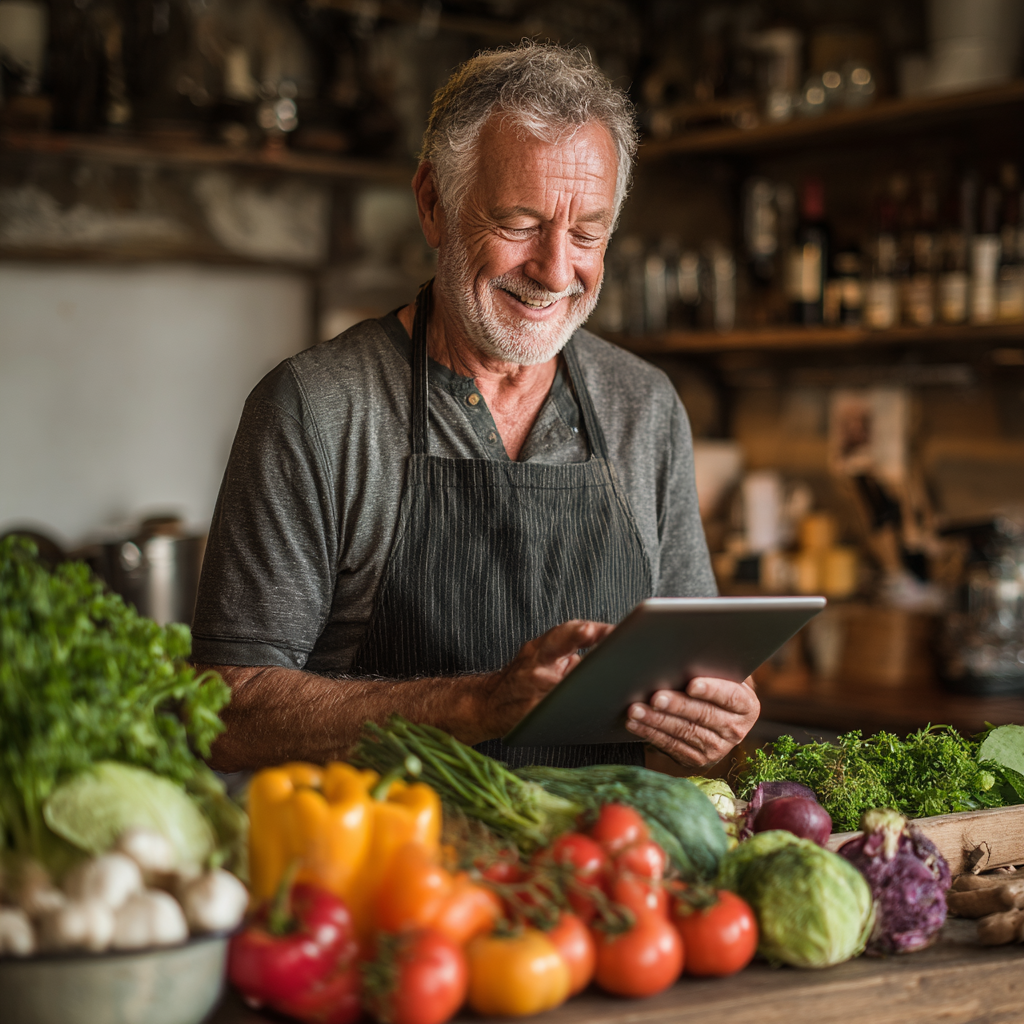 Чоловік 60 років із усмішкою готує здорову їжу за рецептом з планшета numferath