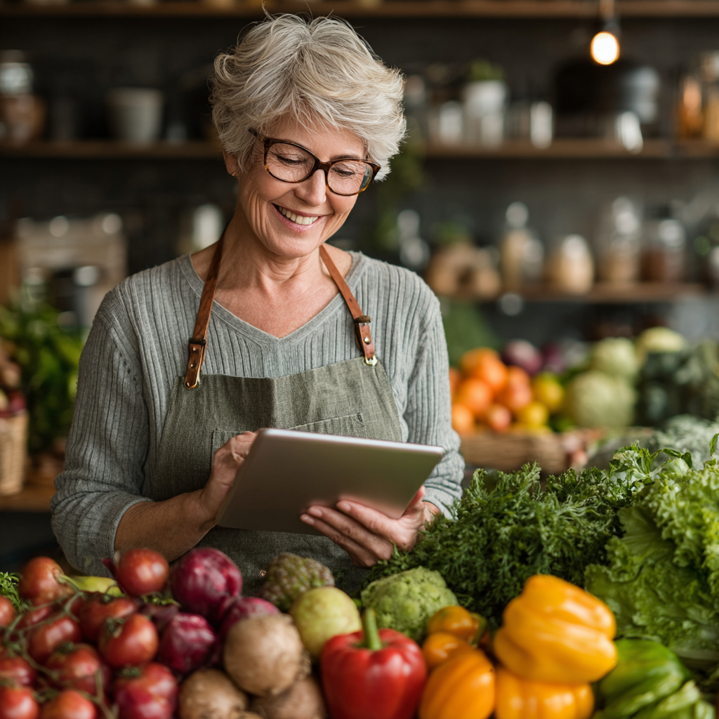 Усміхнена жінка 55 років тримає планшет з додатком numferath, на кухні з свіжими овочами та фруктами
